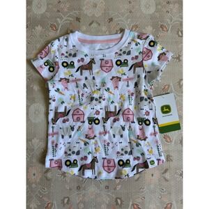 John Deere Girls White Farm Life Print T-Shirt Green Tractor Pink Barn 2T NWT